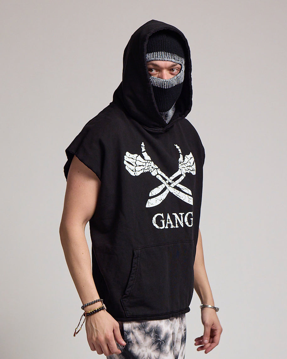 SLEEVELESS RAW GANG HOODIE / JET BLACK