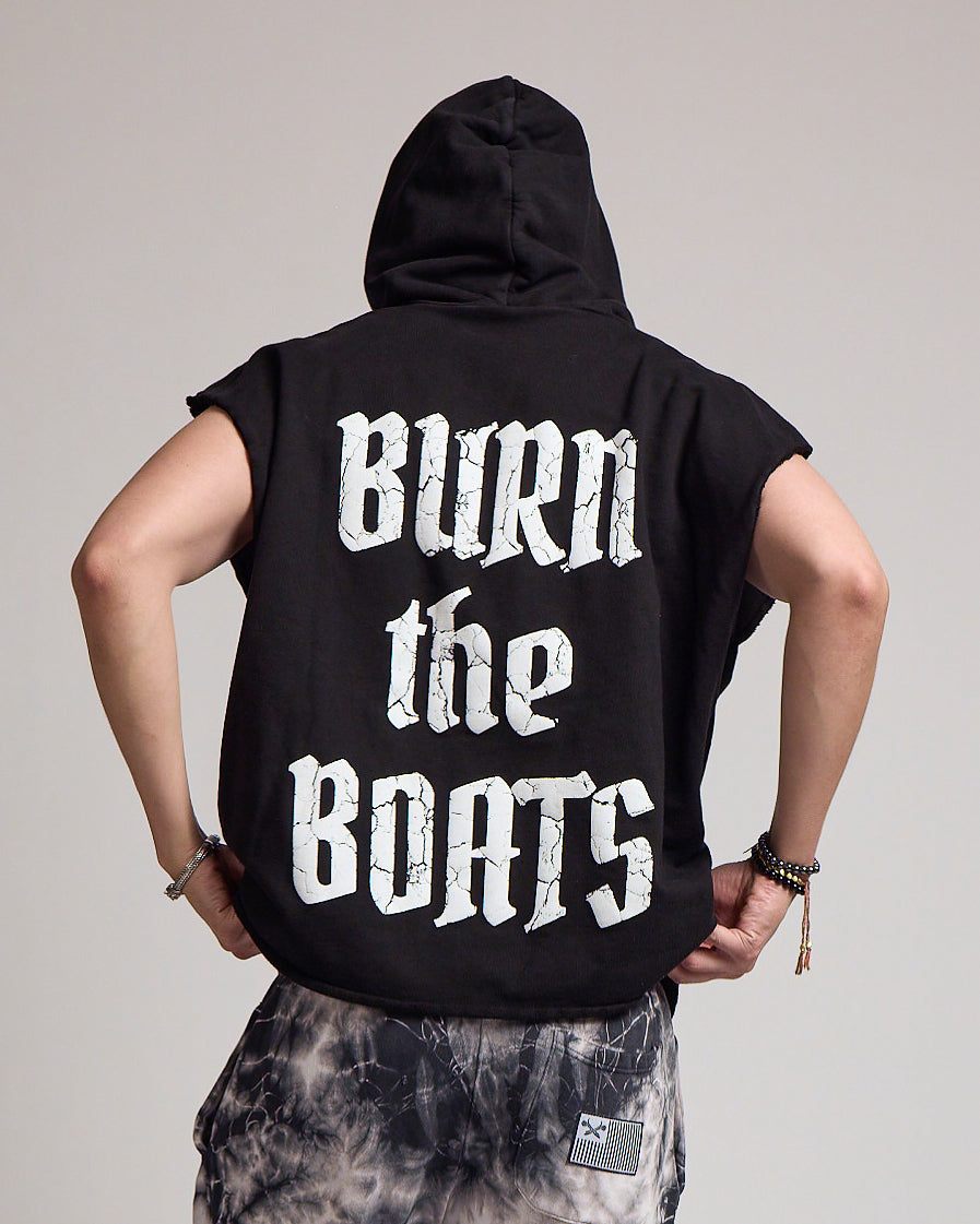 SLEEVELESS RAW GANG HOODIE / JET BLACK