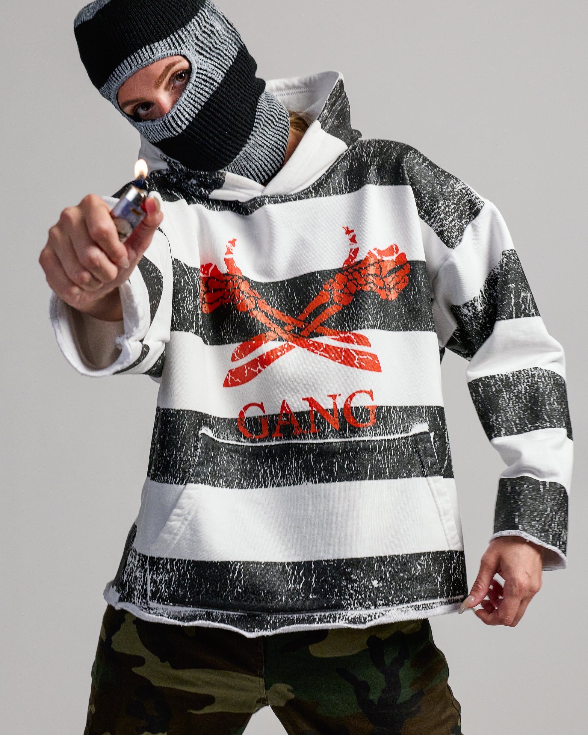 HEAVYWEIGHT RAW GANG STRIPE HOODIE / W JET BLACK &amp; WHITE